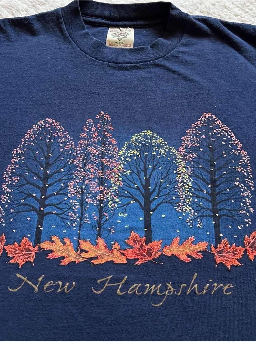 Vintage 1990s New Hampshire Navy Graphic Tee with Autumn Tree Design L